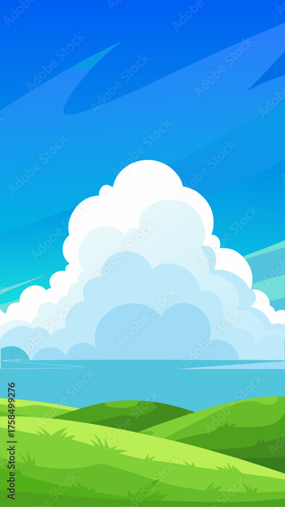 Obraz premium Vibrant cartoon landscape with rolling green hills and a large fluffy cloud under a bright blue sky