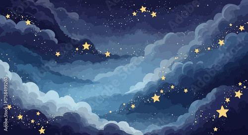 A beautiful illustration of a night sky filled with fluffy clouds and twinkling stars, creating a serene and dreamy atmosphere.