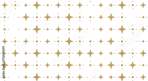Seamless geometric pattern of golden four-pointed stars and dots on a white background.