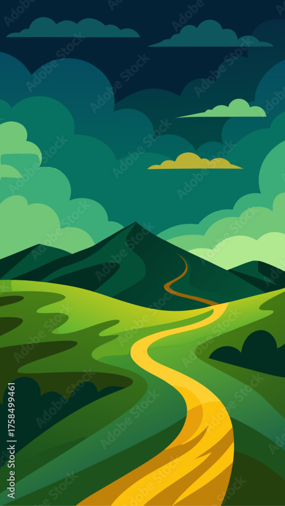 Fototapeta premium Stylized landscape with a winding yellow path through green hills under a dramatic sky