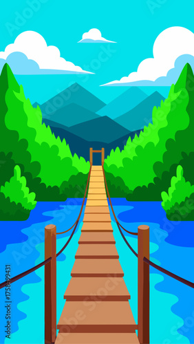Wooden suspension bridge crossing a blue river with lush green trees and mountains in the background under a clear sky
