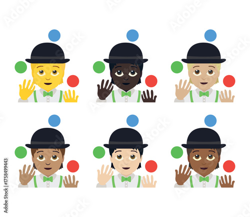 juggler person entertainer entertainment circus clown fun joy bowler hat juggling balls emoji symbol sign icon vector illustration isolated flat non-binary