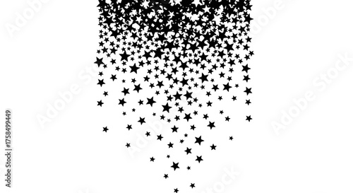 A cascade of black stars falling from the top against a plain white background, creating a glitter or confetti effect.