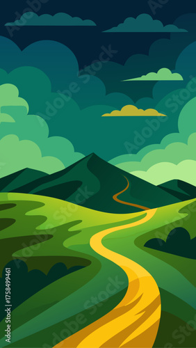 Stylized landscape with a winding yellow path through green hills under a dramatic sky