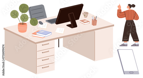 Tidy desk setup with computer, books, plant, and accessories. Woman brainstorming nearby. Ideal for productivity, creativity, teamwork, organization remote work planning balanced minimalism