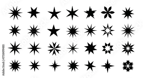 Collection of various star shapes, featuring different designs and point counts, all in black.