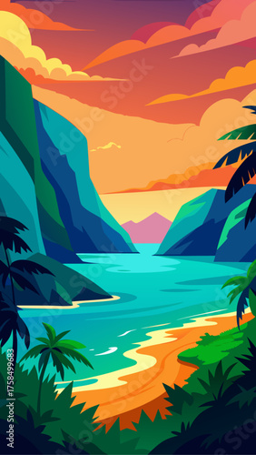 Vibrant tropical bay at sunset with palm trees and dramatic cliffs