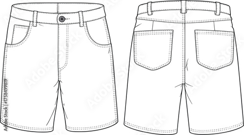 Shorts front and back view, waistband, belt loops, button closure, patch pockets, fashion sketch, garment design, cad drawing flat vector illustration