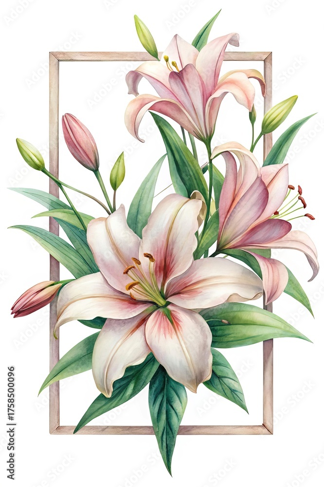 Fototapeta premium Watercolor Painting of Pink Lilies in a Wooden Frame with Green Leaves
