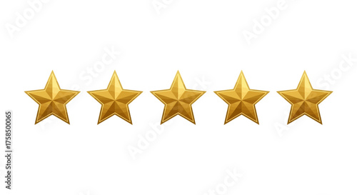 A row of five shiny golden stars, a symbol for top quality, review, and customer satisfaction on a white background.