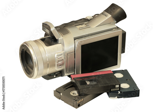dusty old digital video camera and digital video cassettes , mini dv tapes ,isolated on transparent background