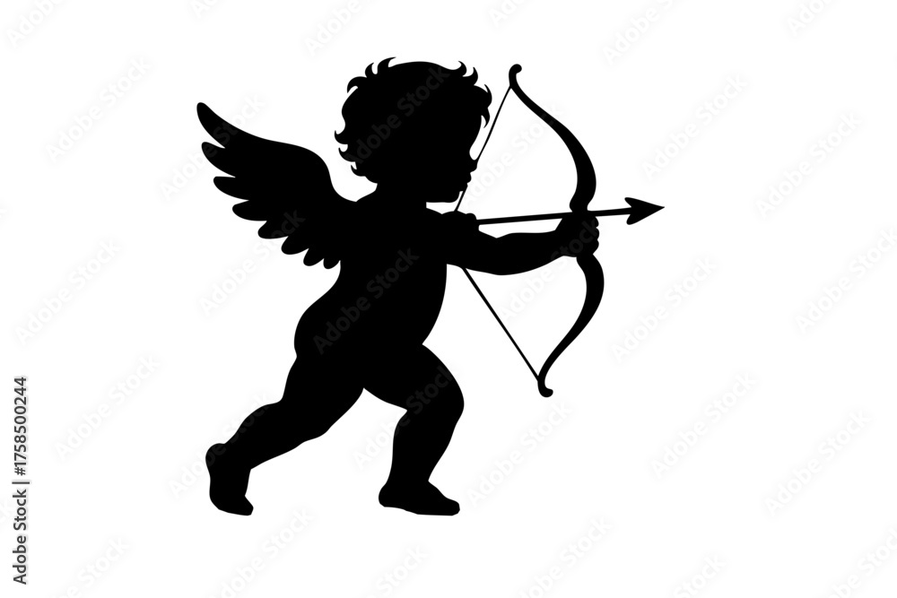 Fototapeta premium Silhouette of a playful cherub holding a bow and arrow 