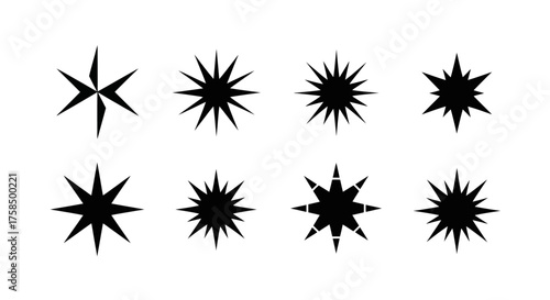 A collection of eight different black star and starburst shapes isolated on a white background.