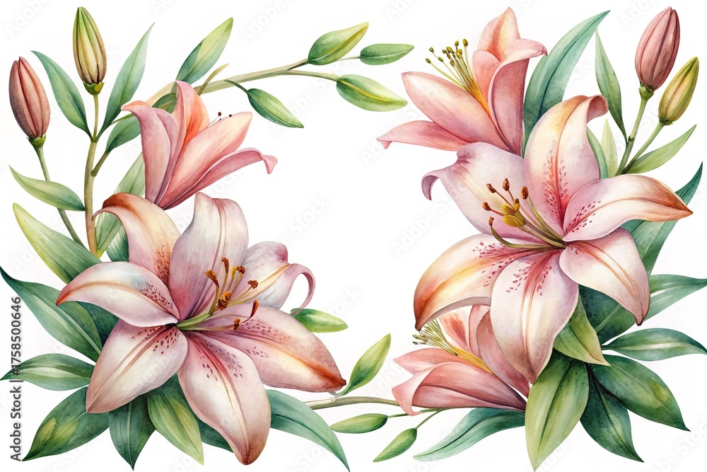 Fototapeta premium Watercolor Pink Lilies Frame Illustration with Green Leaves and Floral Accents