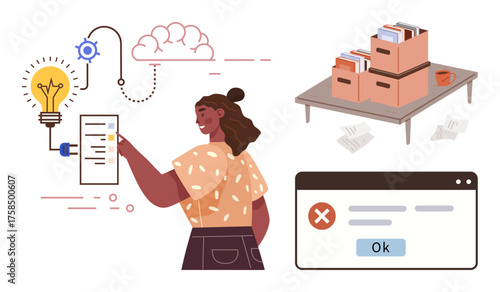 Woman tapping interactive ideas chart, light bulb, gears, cloud. Archived files on table. Browser error window. Ideal for innovation, brainstorming, problem-solving organization technology