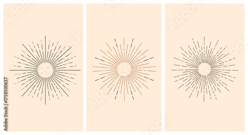 A collection of three minimalist sunburst illustrations in a vintage, bohemian style.