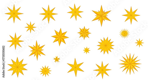 A diverse collection of decorative golden yellow stars in various sizes and shapes isolated on a white background.