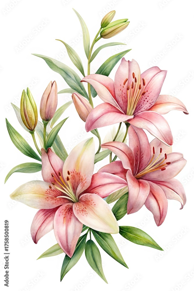 Naklejka premium Elegant watercolor illustration of blooming pink lilies with green leaves and buds