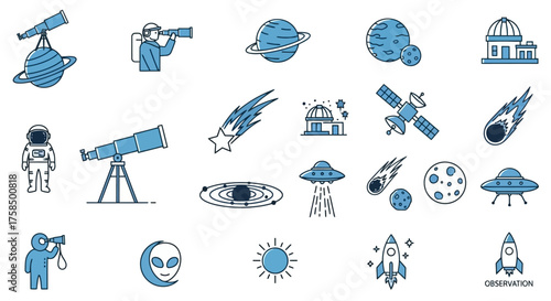 A collection of blue line art icons depicting themes of astronomy, space exploration, and science fiction.