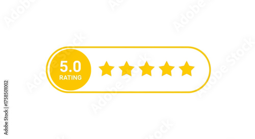 A graphic showing a 5-star rating with a yellow background and stars.