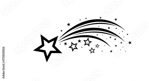 A stylized illustration of a shooting star with a trail of smaller stars and sparkles.