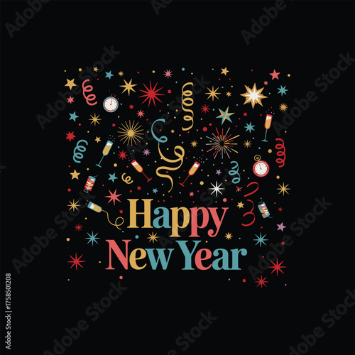 Happy New Year Celebration with Festive Decorations and Party Elements
