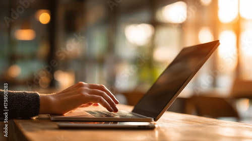 Closeup of a businesswoman’s hand using a digital tablet and laptop computer in a modern office. Represents online work, multitasking, remote business, and professional digital communication.