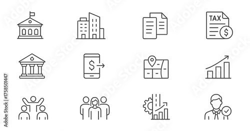 Government finance and business management linear icon set