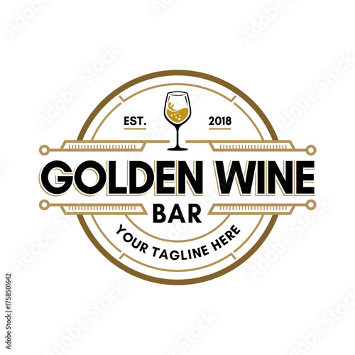 Wine bar and restaurant logo. Circular vintage frame. Antique round badge template.
