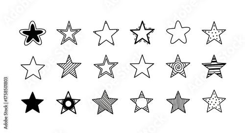 A collection of eighteen hand-drawn doodle stars with various patterns and fills on a white background.