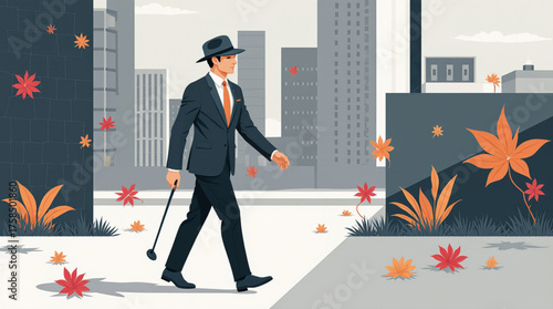 Man in suit and hat walks down city street with autumn leaves