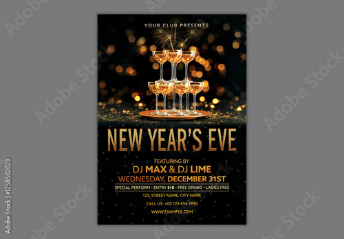 Editable New Year’s Eve Party Flyer Template with Champagne Glasses Event Details in Black Theme.