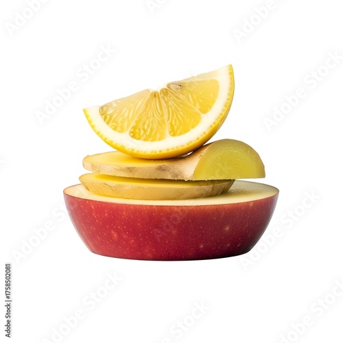 Fresh Apple, Ginger, and Lemon Stack, Ingredients for Detox Tonic and Wellness Shot, Isolated on White Background
