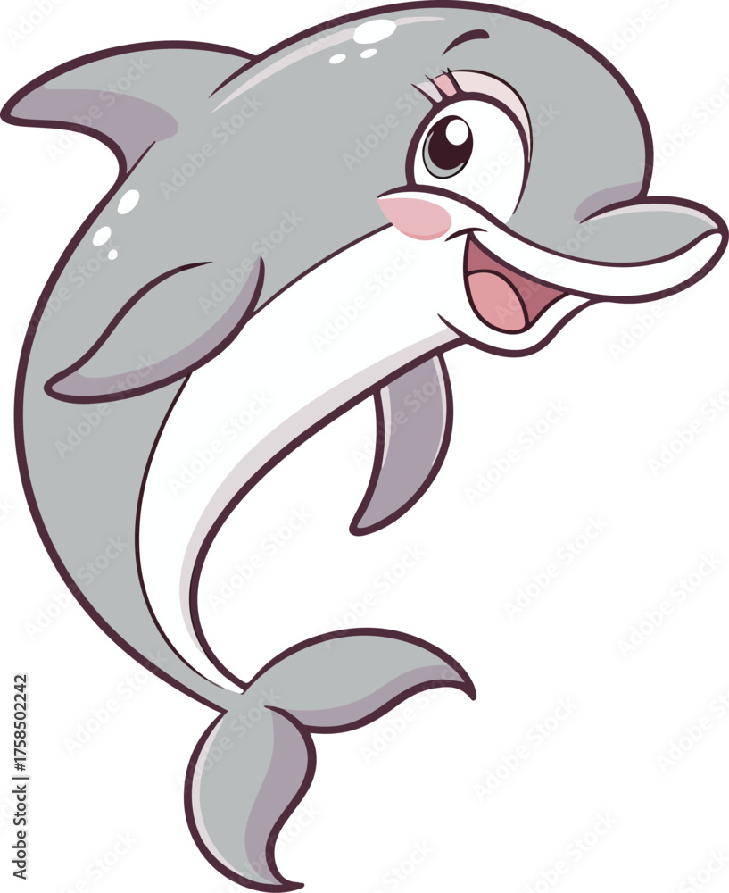 Naklejka premium A colorful vector illustration of a dolphin and a shark swimming in the blue ocean water with marine life silhouettes