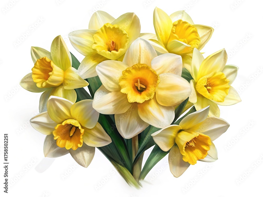 Naklejka premium Beautiful spring bouquet of seven vibrant yellow daffodil flowers on white