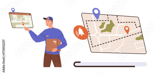 Delivery person holding a package monitors route on a digital map with GPS locations, notification bell, and progress bar. Ideal for logistics, e-commerce, delivery updates, package tracking