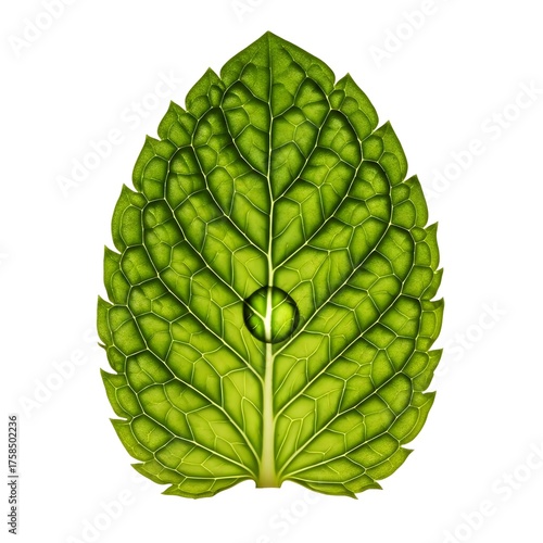 Backlit Fresh Mint Leaf with Water Droplet, an Aromatic Herb for Infusions, Isolated on White Background
