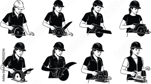 Power tools, safety gear, helmet, goggles, drill, saw, jigsaw, belt sander, construction, worker, industrial, manual labor, equipment, operation, skilled trades, 