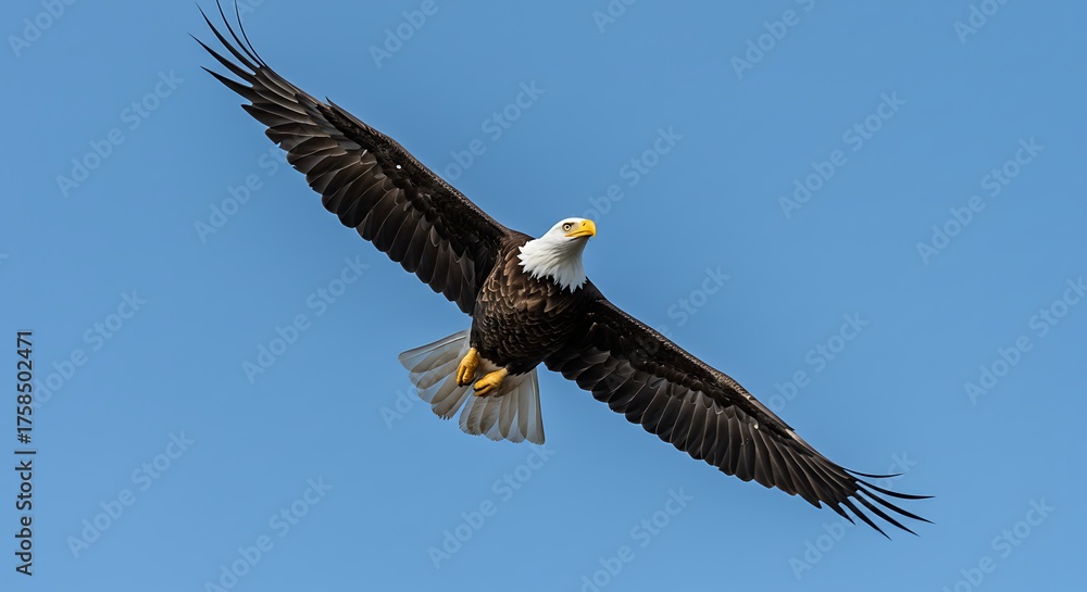 Fototapeta premium Majestic bald eagle soaring in clear blue sky with wings spread
