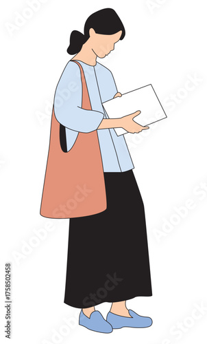 Woman reading a book  with a totebag - architecture people illustration outline with colors - svg vector art