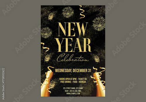 Editable New Year’s Eve Party Flyer Template, Event Details with Fireworks and Champagne Bottles. 