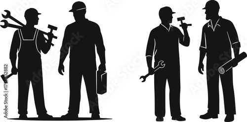 Silhouette, workers, tools, teamwork, construction, blueprint, wrench, hammer, clipboard, collaboration, engineering, labor, job site, planning, safety, manual 