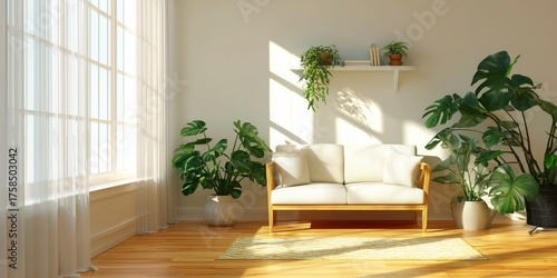 Bright modern living room with large windows, indoor plants, neutral-toned sofa, textured cushions, and soft natural light. Cozy and minimalist interior with greenery and calm atmosphere.