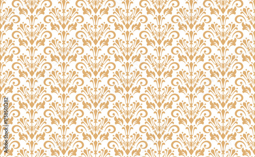 Wallpaper in the style of Baroque. White and golden floral ornament. Seamless vector background. Graphic pattern for fabric, wallpaper, packaging. Ornate Damask flower illustration