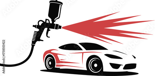 Auto body technician spraying red paint on car using paint spray gun – great for illustrating vehicle maintenance, car painting process, and professional garage work
