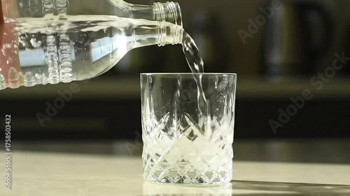 Mineral water pouring from its bottle into a glass close up view footage