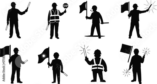Construction workers silhouette, traffic control illustration, safety vest, hard hat, flag waving, baton signaling, stop sign, black vector, motion pose, spark effect
