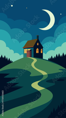 Cozy house on a hill under a crescent moon and starry night sky