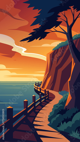 Coastal path with wooden railing overlooks the ocean at sunset