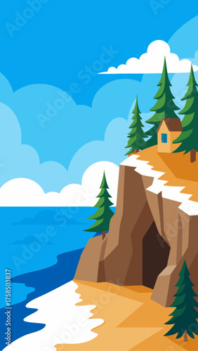 Cozy cabin on a cliff overlooking the ocean with a cave and pine trees